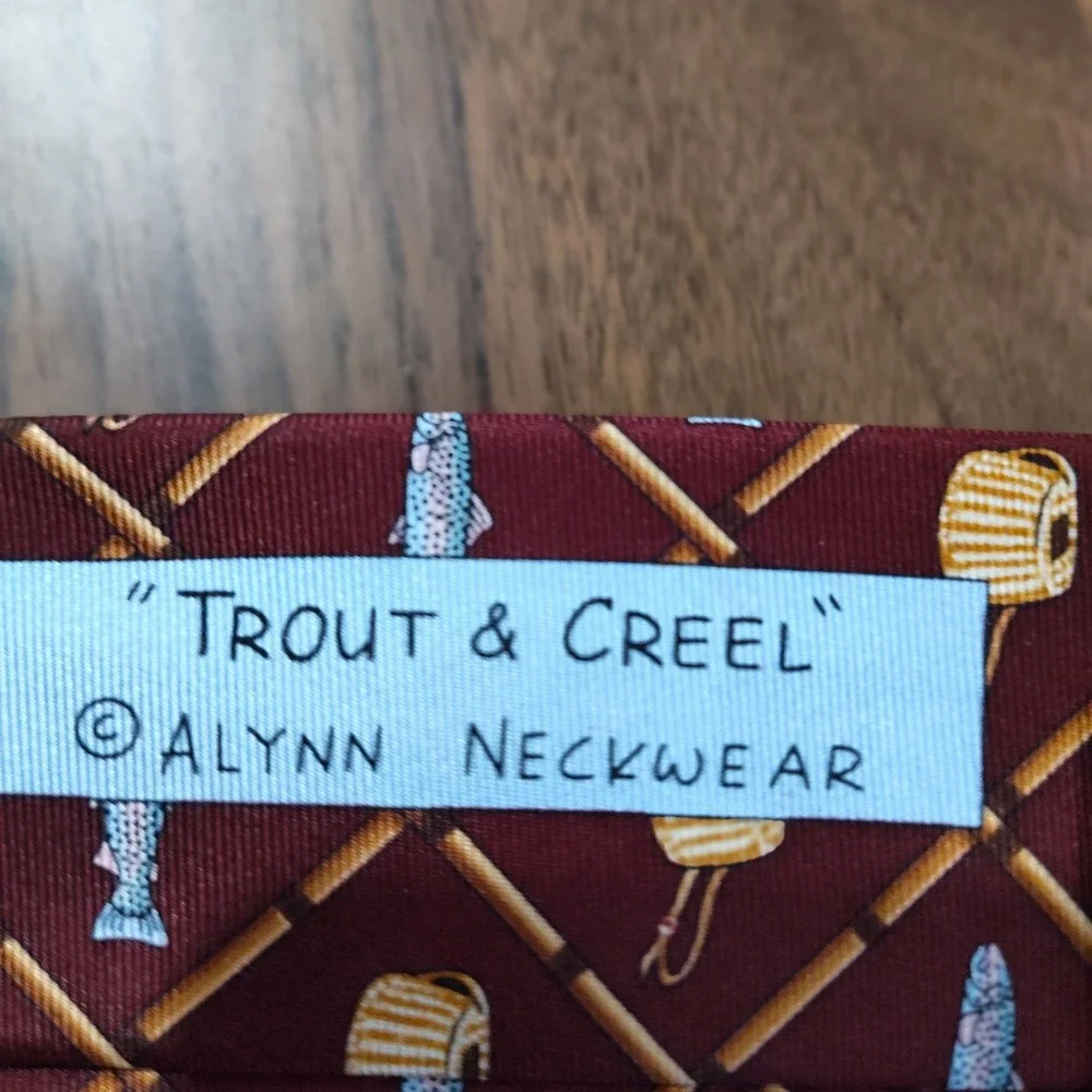 Alynn Neckwear Mens Silk‎ Tie Trout & Creel Fly Fishing Rods Burgundy Novelty